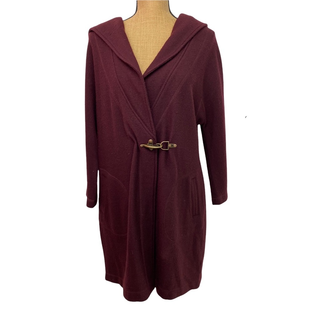 Kenar 100% Wool Cardigan Sweater Size Medium Dark Red One Clip Pockets Hoodie.